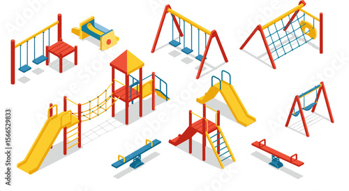 Colorful playground equipment vector illustration in isometric style for children's activity design