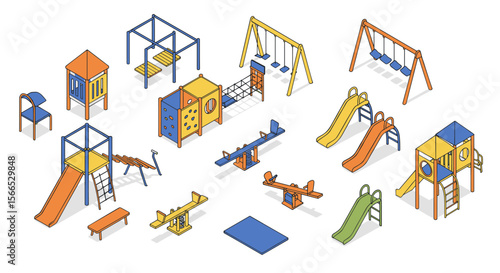 Playground equipment collection vector illustration in isometric style for design and print