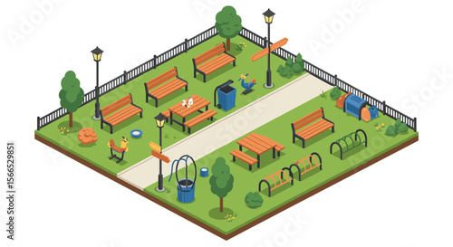 Isometric vector illustration of a peaceful park scene with benches and play area design for posters