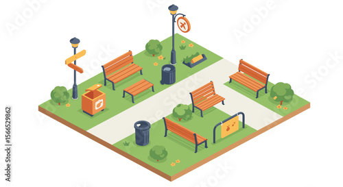 Isometric park design for urban planning, vector illustration of benches and pathways