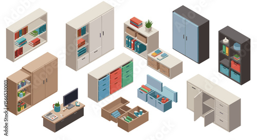 Isometric office furniture vector illustration – cabinets and desks for interior design projects