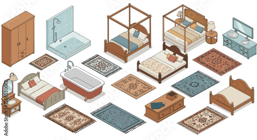Isometric bedroom interior design vector illustration with furniture and rugs