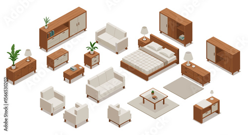 Isometric vector illustration of modern furniture set for interior design and decor projects