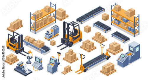 Warehouse and logistics process vector illustration in isometric style for industrial design