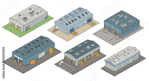 Isometric industrial building collection vector illustration for construction design