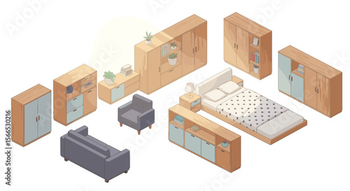 Isometric vector illustration of modern bedroom furniture set for interior design projects