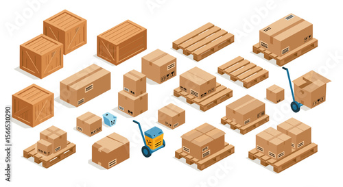 Isometric vector illustration of various shipping packaging and wooden crates for logistics design