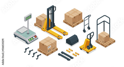 Warehouse equipment and tools vector illustration in isometric style for logistics and industrial design