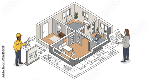 Isometric vector illustration of architects reviewing floor plan in modern home design