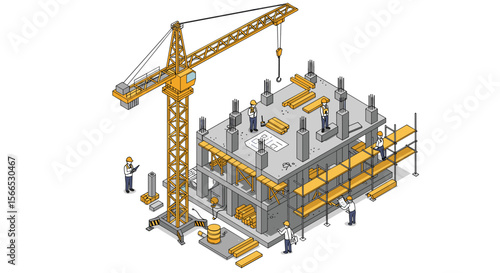 Isometric construction site with crane and workers vector illustration for engineering and architecture design