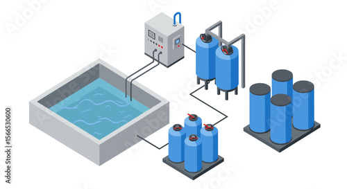 Isometric vector illustration of industrial water treatment system design