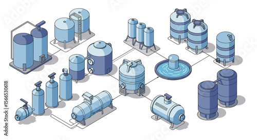 Industrial water treatment plant isometric vector illustration for engineering design