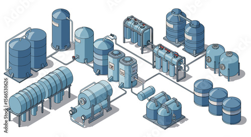 Isometric industrial water treatment facility vector illustration for design and engineering