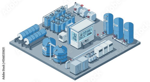 Isometric industrial water treatment plant vector illustration design for educational and engineering purposes