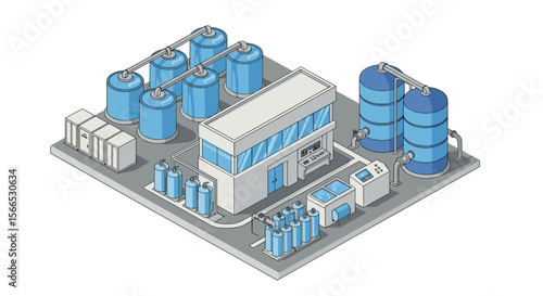 Isometric vector illustration of modern industrial water treatment plant