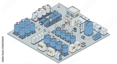 Isometric vector illustration of industrial water treatment plant for environmental design