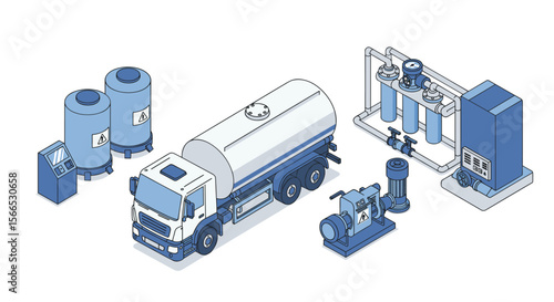 Isometric vector illustration of industrial water filtration system with tanker truck for engineering design