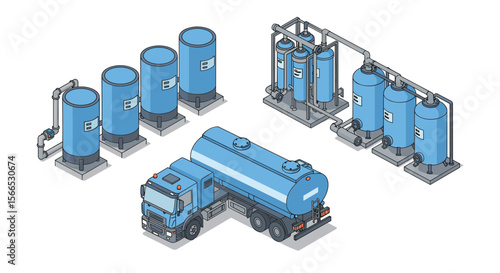 Isometric vector illustration of industrial water tanker truck and storage tanks for water management design