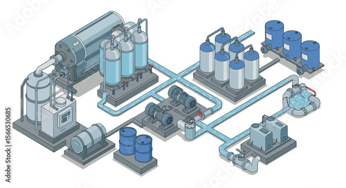 Isometric industrial water filtration system vector illustration for technology and engineering design