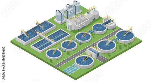 Isometric water treatment plant vector illustration for environmental and infrastructure design