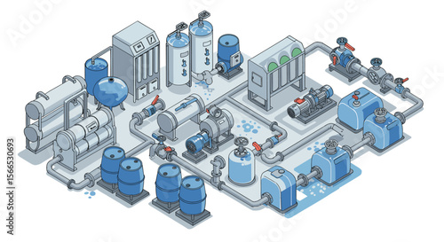 Isometric vector illustration of industrial water treatment system for engineering and design applications