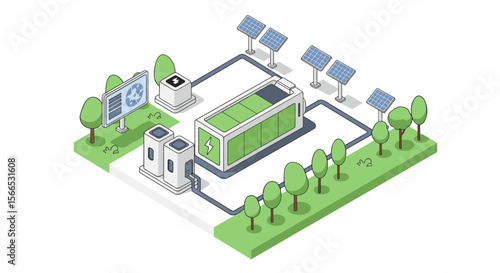 Isometric vector illustration of renewable energy concept with solar panels and ev charging station