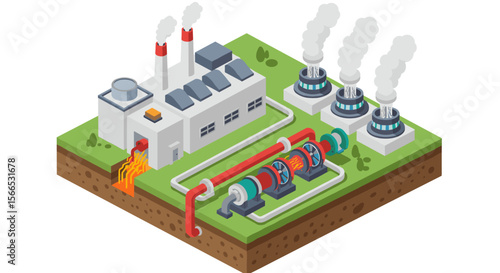 Industrial power plant with turbines vector illustration for engineering and energy design in isometric style