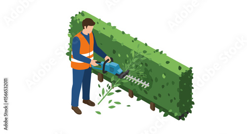 Isometric vector illustration of a gardener trimming hedges for landscaping design