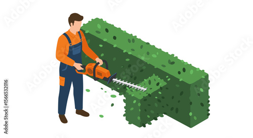 Gardener trimming hedge isometric vector illustration for landscaping design