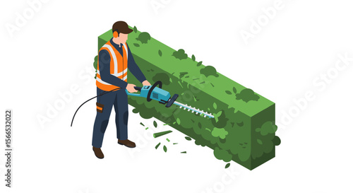 Isometric illustration of a gardener using a hedge trimmer for landscaping design