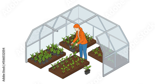 Isometric vector illustration of a greenhouse with gardener tending to plants for horticulture and botanical design