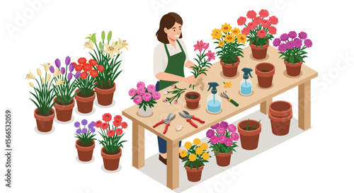 Florist arranging flowers in workshop vector illustration - perfect for gardening design and nature-themed posters