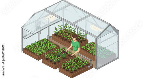 Home gardening vector illustration: isometric greenhouse with vegetables and plants