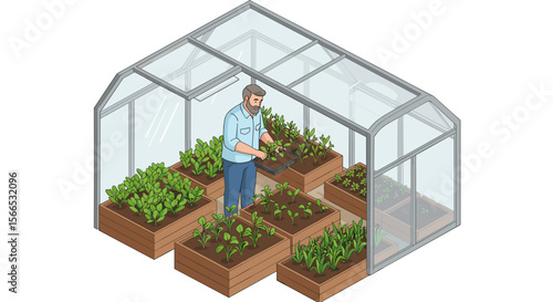 Isometric vector illustration of a man gardening inside a greenhouse for home gardening and sustainable living design