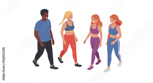 Group of diverse people walking in sportswear vector illustration for fitness and health concepts
