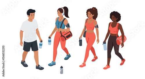 Group fitness walk vector illustration: diverse athletes in sportswear for fitness and health design