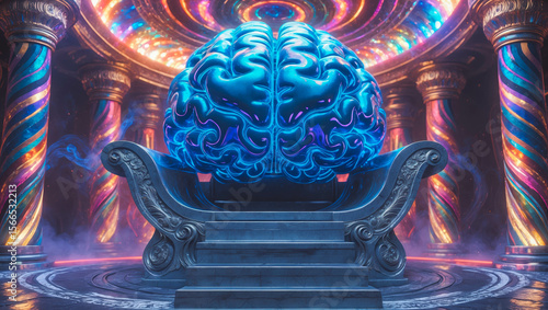 Futuristic Glowing Brain Sculpture in Mystical Setting