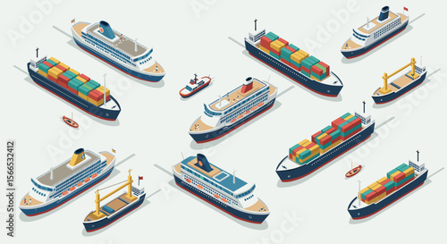 Isometric vector illustration of cargo ships and boats for maritime design projects