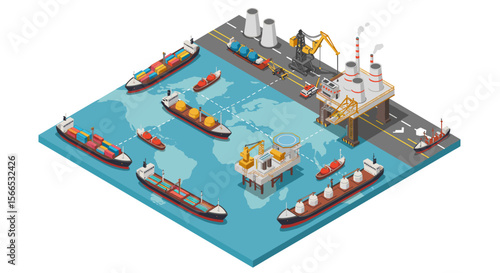 Detailed isometric vector illustration of global maritime shipping and offshore oil industry