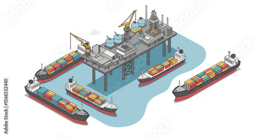 Isometric vector illustration of offshore oil platform with cargo ships for logistics and maritime design