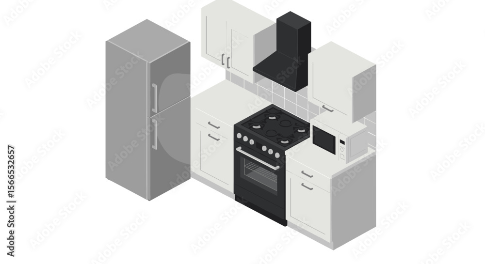 Isometric kitchen design vector illustration featuring modern appliances and cabinets Isometric kitchen design vector illustration featuring modern appliances and cabinets