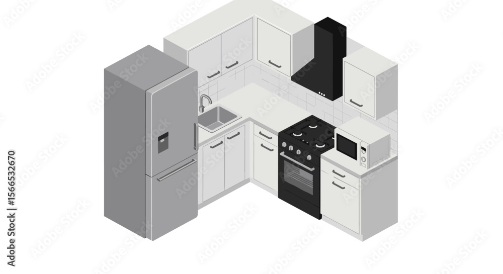 Isometric vector illustration of a modern kitchen design with appliances for interior concepts Isometric vector illustration of a modern kitchen design with appliances for interior concepts