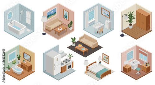 Isometric home interior vector illustration: modern room designs for print and decor