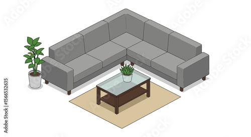 Cozy living room with gray corner sofa and coffee table vector illustration