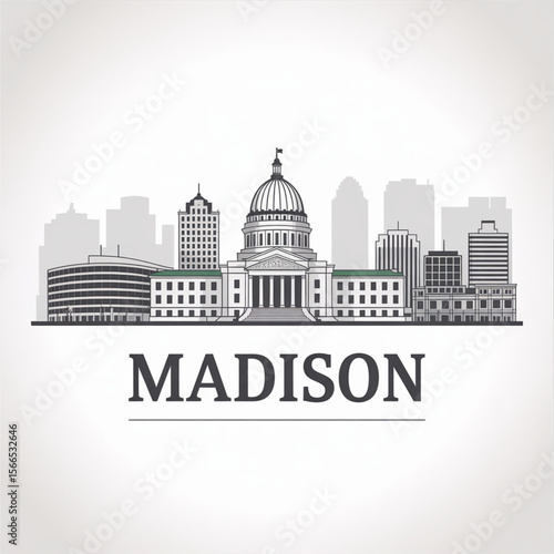 Madison Skyline Silhouette — Wisconsin Lakeside Capital City Vector Illustration