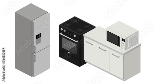 Isometric kitchen appliances vector illustration: fridge, oven, microwave for modern kitchen design
