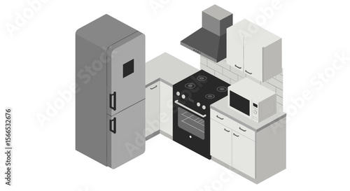 Isometric kitchen design vector illustration of modern appliances and cabinetry for interior decoration