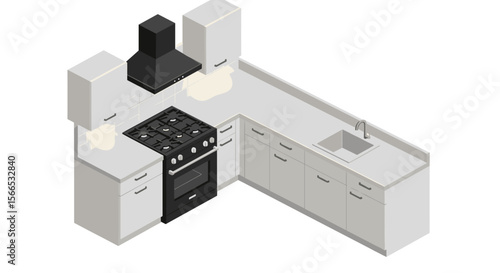 Modern kitchen interior design vector illustration in isometric style for print or digital use