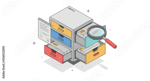 Isometric office file cabinet search vector illustration for organization design
