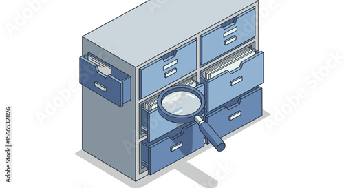 Isometric vector illustration of filing cabinet with magnifying glass for office or data organization design